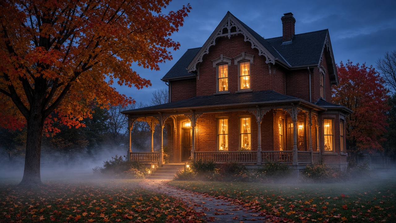 A century brick home at autumn twilight, warm windows glowing through soft fog