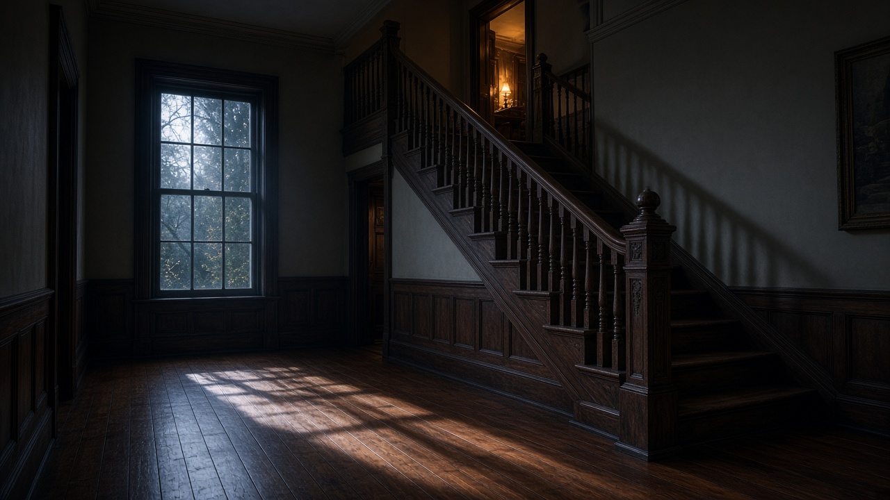An empty century-home hallway and carved staircase lit by soft moonlight