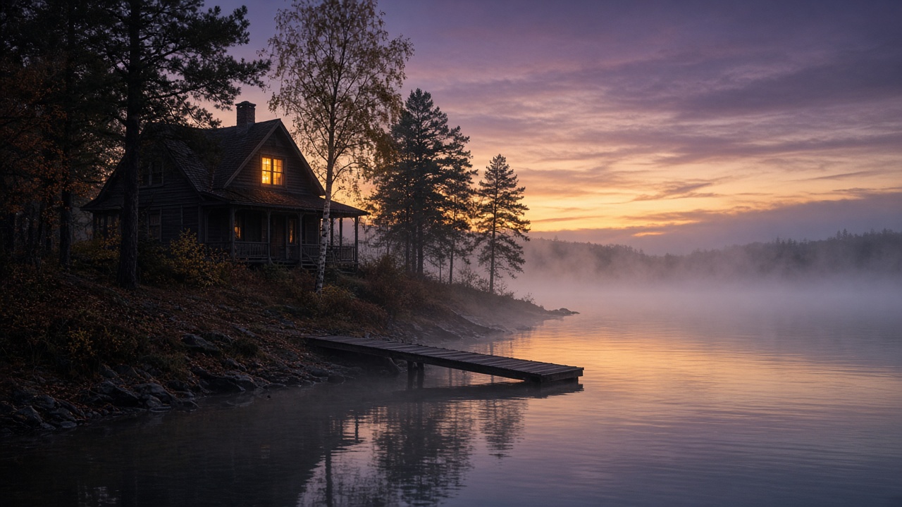 A lakeside cottage-style home in silhouette at dusk with mist on the water