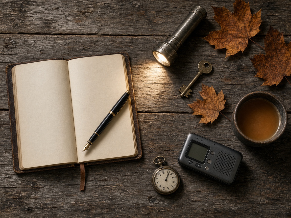 A flat-lay of a blank journal, pen, flashlight, old key and recorder on a wooden table