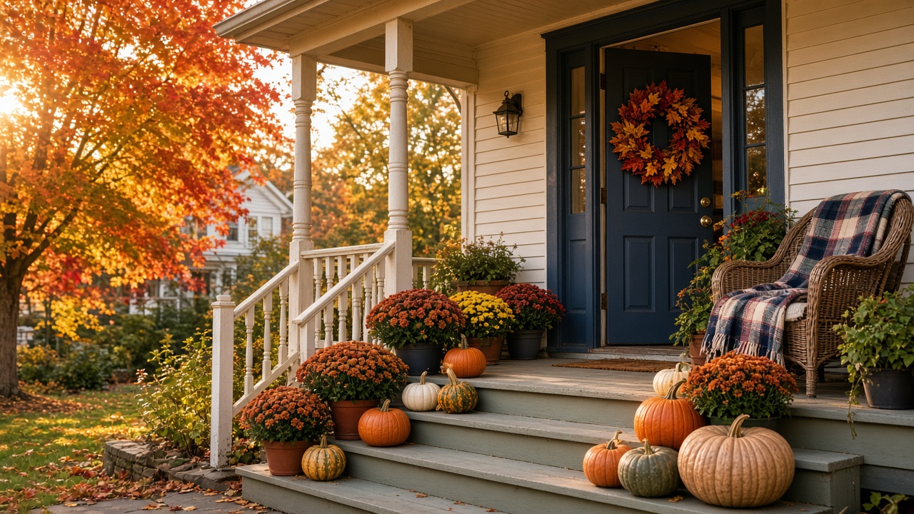 A welcoming autumn porch with pumpkins and mums during an open house